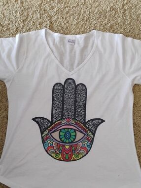 White V-Neck Tee with Colorful Hamsa Hand Graphic
